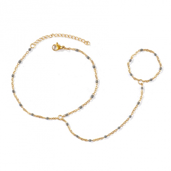 Picture of Wholesale Gray Enamel 304 Stainless Steel Link Cable Chain Hand Chain Slave Finger Ring Bracelet, 18K Real Gold Plated Eco-friendly PVD Waterproof Anti-Tarnish Hypoallergenic, Women's Stylish Exquisite Gift Jewelry Supply, 18cm(7.1") + 5cm(2") long, Chain Size: 1.6mm, 1 Piece