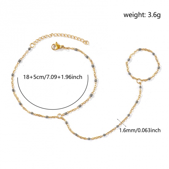 Picture of Wholesale Gray Enamel 304 Stainless Steel Link Cable Chain Hand Chain Slave Finger Ring Bracelet, 18K Real Gold Plated Eco-friendly PVD Waterproof Anti-Tarnish Hypoallergenic, Women's Stylish Exquisite Gift Jewelry Supply, 18cm(7.1") + 5cm(2") long, Chain Size: 1.6mm, 1 Piece