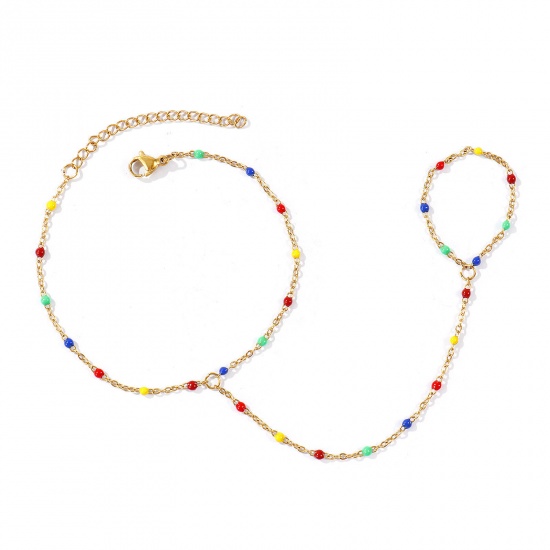 Picture of Wholesale Multicolor Enamel 304 Stainless Steel Link Cable Chain Hand Chain Slave Finger Ring Bracelet, 18K Real Gold Plated Eco-friendly PVD Waterproof Anti-Tarnish Hypoallergenic, Women's Stylish Exquisite Gift Jewelry Supply, 18cm(7.1") + 5cm(2") long, Chain Size: 1.6mm, 1 Piece