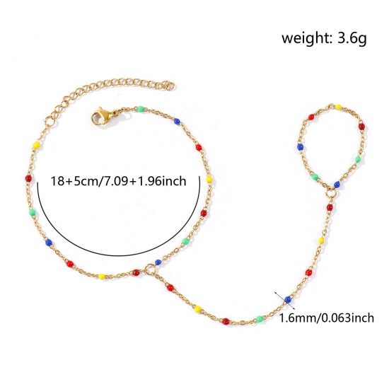 Picture of Wholesale Multicolor Enamel 304 Stainless Steel Link Cable Chain Hand Chain Slave Finger Ring Bracelet, 18K Real Gold Plated Eco-friendly PVD Waterproof Anti-Tarnish Hypoallergenic, Women's Stylish Exquisite Gift Jewelry Supply, 18cm(7.1") + 5cm(2") long, Chain Size: 1.6mm, 1 Piece