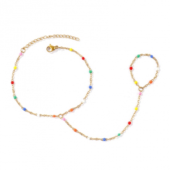 Picture of Wholesale Multicolor Enamel 304 Stainless Steel Link Cable Chain Hand Chain Slave Finger Ring Bracelet, 18K Real Gold Plated Eco-friendly PVD Waterproof Anti-Tarnish Hypoallergenic, Women's Stylish Exquisite Gift Jewelry Supply, 18cm(7.1") + 5cm(2") long, Chain Size: 1.6mm, 1 Piece
