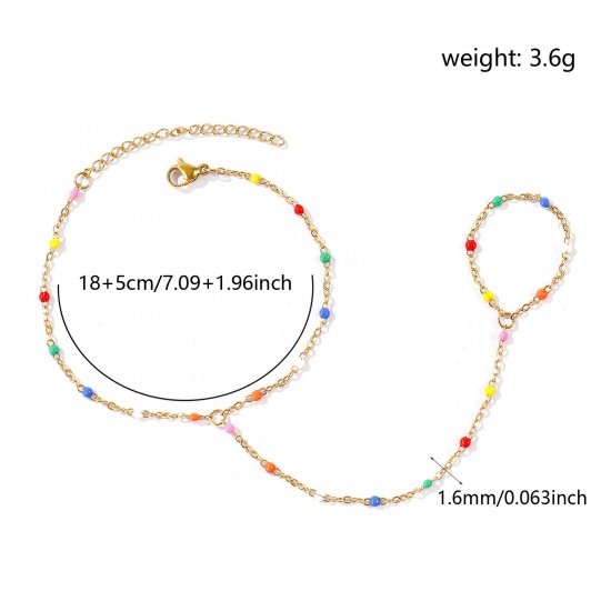 Picture of Wholesale Multicolor Enamel 304 Stainless Steel Link Cable Chain Hand Chain Slave Finger Ring Bracelet, 18K Real Gold Plated Eco-friendly PVD Waterproof Anti-Tarnish Hypoallergenic, Women's Stylish Exquisite Gift Jewelry Supply, 18cm(7.1") + 5cm(2") long, Chain Size: 1.6mm, 1 Piece