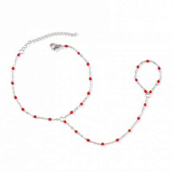 Immagine di Rosso Smalto 304 Acciaio Inossidabile Catena a Cavo Bracciale anello di mano catena Slave All'Ingrosso, Tono Argento Ecologico, Donne Elegante Squisito Regalo Fornitura di Gioielli, 18cm + 5cm Lunghezza, Dimensione della Catena: 1.6mm, 1 Pz