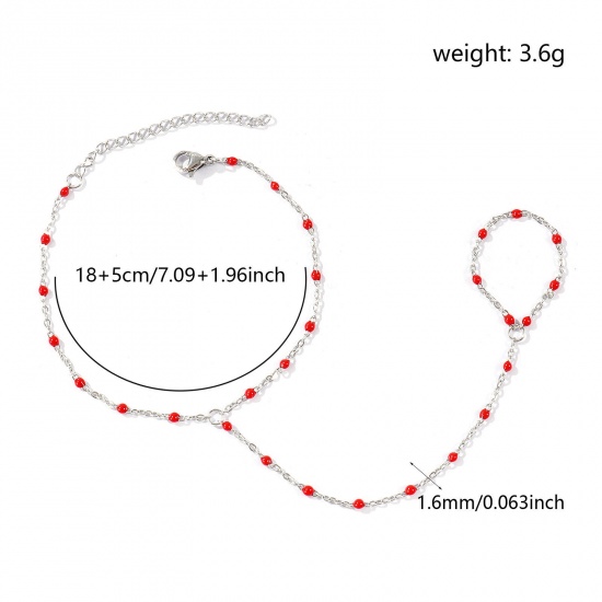 Immagine di Rosso Smalto 304 Acciaio Inossidabile Catena a Cavo Bracciale anello di mano catena Slave All'Ingrosso, Tono Argento Ecologico, Donne Elegante Squisito Regalo Fornitura di Gioielli, 18cm + 5cm Lunghezza, Dimensione della Catena: 1.6mm, 1 Pz