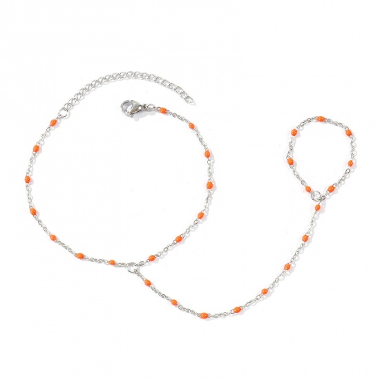 Immagine di Arancione Smalto 304 Acciaio Inossidabile Catena a Cavo Bracciale anello di mano catena Slave All'Ingrosso, Tono Argento Ecologico, Donne Elegante Squisito Regalo Fornitura di Gioielli, 18cm + 5cm Lunghezza, Dimensione della Catena: 1.6mm, 1 Pz