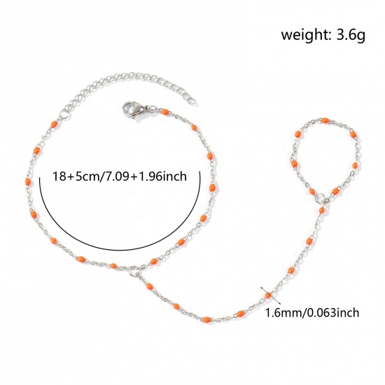 Immagine di Arancione Smalto 304 Acciaio Inossidabile Catena a Cavo Bracciale anello di mano catena Slave All'Ingrosso, Tono Argento Ecologico, Donne Elegante Squisito Regalo Fornitura di Gioielli, 18cm + 5cm Lunghezza, Dimensione della Catena: 1.6mm, 1 Pz