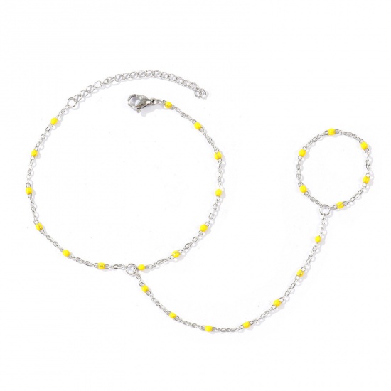 Immagine di Giallo Smalto 304 Acciaio Inossidabile Catena a Cavo Bracciale anello di mano catena Slave All'Ingrosso, Tono Argento Ecologico, Donne Elegante Squisito Regalo Fornitura di Gioielli, 18cm + 5cm Lunghezza, Dimensione della Catena: 1.6mm, 1 Pz