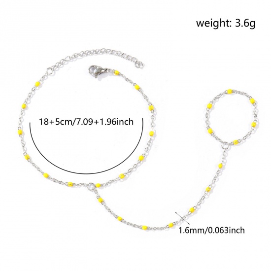 Immagine di Giallo Smalto 304 Acciaio Inossidabile Catena a Cavo Bracciale anello di mano catena Slave All'Ingrosso, Tono Argento Ecologico, Donne Elegante Squisito Regalo Fornitura di Gioielli, 18cm + 5cm Lunghezza, Dimensione della Catena: 1.6mm, 1 Pz