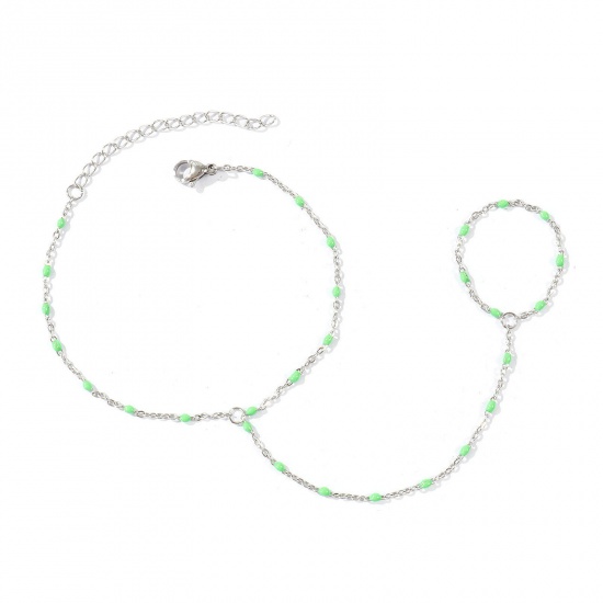 Immagine di Verde di Frutta Smalto 304 Acciaio Inossidabile Catena a Cavo Bracciale anello di mano catena Slave All'Ingrosso, Tono Argento Ecologico, Donne Elegante Squisito Regalo Fornitura di Gioielli, 18cm + 5cm Lunghezza, Dimensione della Catena: 1.6mm, 1 Pz