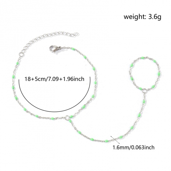 Immagine di Verde di Frutta Smalto 304 Acciaio Inossidabile Catena a Cavo Bracciale anello di mano catena Slave All'Ingrosso, Tono Argento Ecologico, Donne Elegante Squisito Regalo Fornitura di Gioielli, 18cm + 5cm Lunghezza, Dimensione della Catena: 1.6mm, 1 Pz