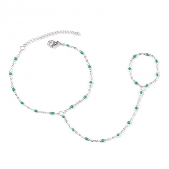 Immagine di Verde Scuro Smalto 304 Acciaio Inossidabile Catena a Cavo Bracciale anello di mano catena Slave All'Ingrosso, Tono Argento Ecologico, Donne Elegante Squisito Regalo Fornitura di Gioielli, 18cm + 5cm Lunghezza, Dimensione della Catena: 1.6mm, 1 Pz