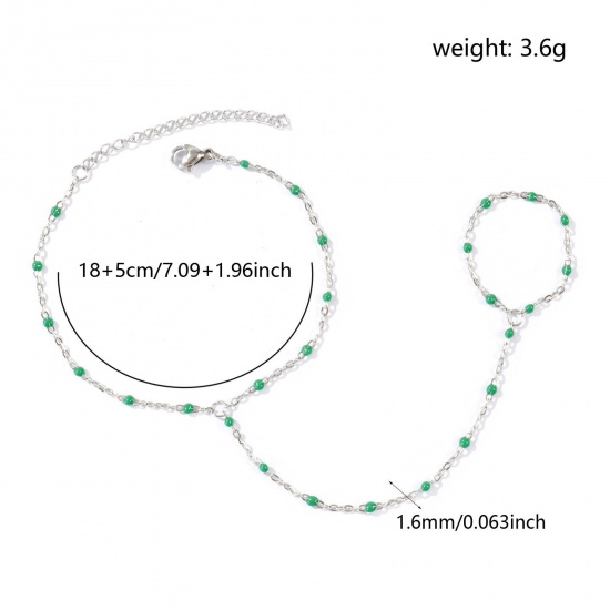 Immagine di Verde Scuro Smalto 304 Acciaio Inossidabile Catena a Cavo Bracciale anello di mano catena Slave All'Ingrosso, Tono Argento Ecologico, Donne Elegante Squisito Regalo Fornitura di Gioielli, 18cm + 5cm Lunghezza, Dimensione della Catena: 1.6mm, 1 Pz