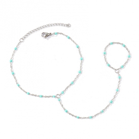Immagine di Verde Blu Smalto 304 Acciaio Inossidabile Catena a Cavo Bracciale anello di mano catena Slave All'Ingrosso, Tono Argento Ecologico, Donne Elegante Squisito Regalo Fornitura di Gioielli, 18cm + 5cm Lunghezza, Dimensione della Catena: 1.6mm, 1 Pz