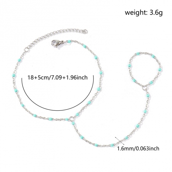 Immagine di Verde Blu Smalto 304 Acciaio Inossidabile Catena a Cavo Bracciale anello di mano catena Slave All'Ingrosso, Tono Argento Ecologico, Donne Elegante Squisito Regalo Fornitura di Gioielli, 18cm + 5cm Lunghezza, Dimensione della Catena: 1.6mm, 1 Pz