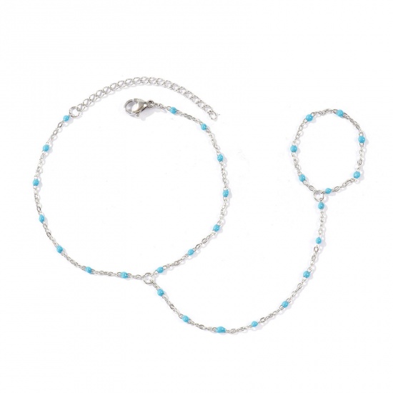 Immagine di Azzurro Smalto 304 Acciaio Inossidabile Catena a Cavo Bracciale anello di mano catena Slave All'Ingrosso, Tono Argento Ecologico, Donne Elegante Squisito Regalo Fornitura di Gioielli, 18cm + 5cm Lunghezza, Dimensione della Catena: 1.6mm, 1 Pz