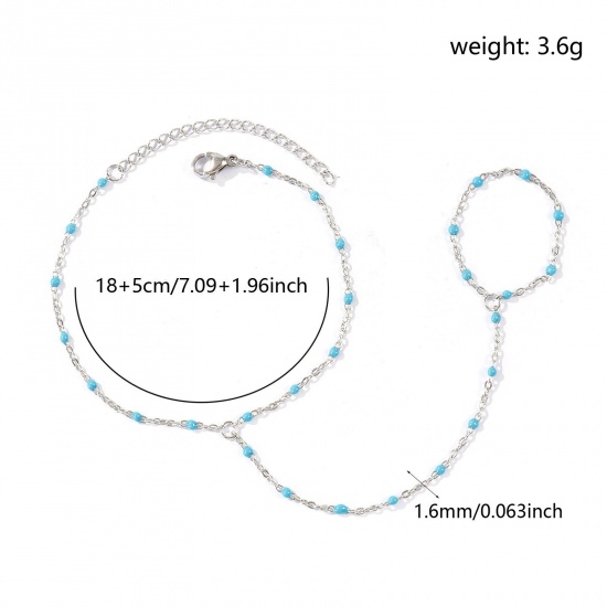 Immagine di Azzurro Smalto 304 Acciaio Inossidabile Catena a Cavo Bracciale anello di mano catena Slave All'Ingrosso, Tono Argento Ecologico, Donne Elegante Squisito Regalo Fornitura di Gioielli, 18cm + 5cm Lunghezza, Dimensione della Catena: 1.6mm, 1 Pz