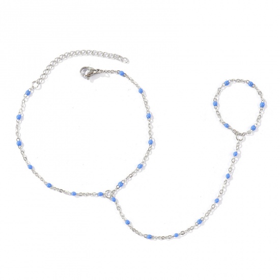Immagine di Blu Marino Smalto 304 Acciaio Inossidabile Catena a Cavo Bracciale anello di mano catena Slave All'Ingrosso, Tono Argento Ecologico, Donne Elegante Squisito Regalo Fornitura di Gioielli, 18cm + 5cm Lunghezza, Dimensione della Catena: 1.6mm, 1 Pz