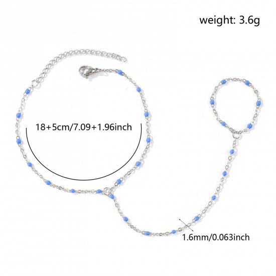 Immagine di Blu Marino Smalto 304 Acciaio Inossidabile Catena a Cavo Bracciale anello di mano catena Slave All'Ingrosso, Tono Argento Ecologico, Donne Elegante Squisito Regalo Fornitura di Gioielli, 18cm + 5cm Lunghezza, Dimensione della Catena: 1.6mm, 1 Pz