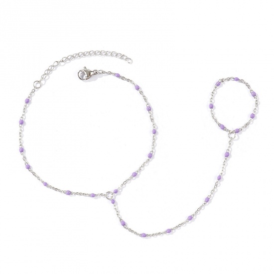 Immagine di Colore Viola Smalto 304 Acciaio Inossidabile Catena a Cavo Bracciale anello di mano catena Slave All'Ingrosso, Tono Argento Ecologico, Donne Elegante Squisito Regalo Fornitura di Gioielli, 18cm + 5cm Lunghezza, Dimensione della Catena: 1.6mm, 1 Pz