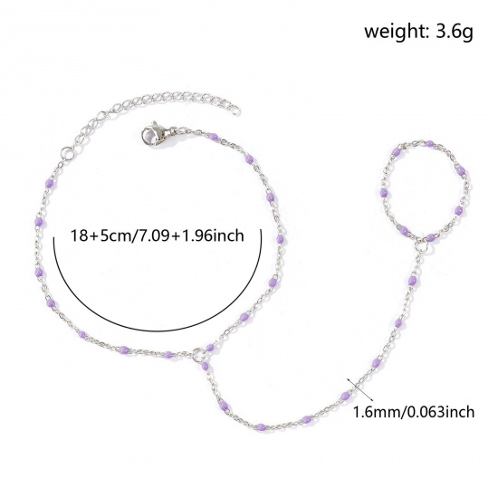 Immagine di Colore Viola Smalto 304 Acciaio Inossidabile Catena a Cavo Bracciale anello di mano catena Slave All'Ingrosso, Tono Argento Ecologico, Donne Elegante Squisito Regalo Fornitura di Gioielli, 18cm + 5cm Lunghezza, Dimensione della Catena: 1.6mm, 1 Pz