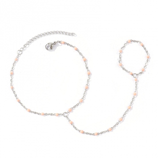 Immagine di Rosa Chiaro Smalto 304 Acciaio Inossidabile Catena a Cavo Bracciale anello di mano catena Slave All'Ingrosso, Tono Argento Ecologico, Donne Elegante Squisito Regalo Fornitura di Gioielli, 18cm + 5cm Lunghezza, Dimensione della Catena: 1.6mm, 1 Pz