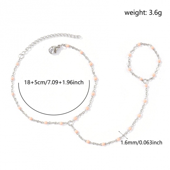Immagine di Rosa Chiaro Smalto 304 Acciaio Inossidabile Catena a Cavo Bracciale anello di mano catena Slave All'Ingrosso, Tono Argento Ecologico, Donne Elegante Squisito Regalo Fornitura di Gioielli, 18cm + 5cm Lunghezza, Dimensione della Catena: 1.6mm, 1 Pz