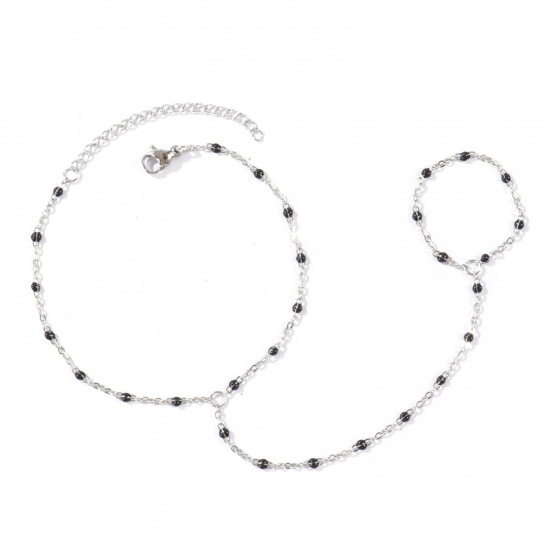 Immagine di Nero Smalto 304 Acciaio Inossidabile Catena a Cavo Bracciale anello di mano catena Slave All'Ingrosso, Tono Argento Ecologico, Donne Elegante Squisito Regalo Fornitura di Gioielli, 18cm + 5cm Lunghezza, Dimensione della Catena: 1.6mm, 1 Pz