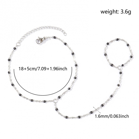 Immagine di Nero Smalto 304 Acciaio Inossidabile Catena a Cavo Bracciale anello di mano catena Slave All'Ingrosso, Tono Argento Ecologico, Donne Elegante Squisito Regalo Fornitura di Gioielli, 18cm + 5cm Lunghezza, Dimensione della Catena: 1.6mm, 1 Pz