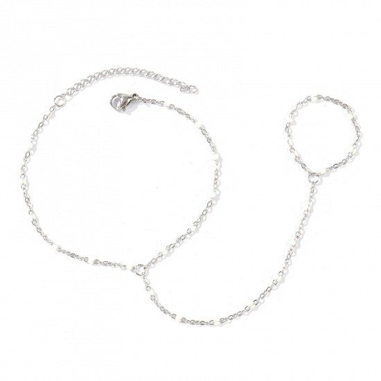 Immagine di Bianco Smalto 304 Acciaio Inossidabile Catena a Cavo Bracciale anello di mano catena Slave All'Ingrosso, Tono Argento Ecologico, Donne Elegante Squisito Regalo Fornitura di Gioielli, 18cm + 5cm Lunghezza, Dimensione della Catena: 1.6mm, 1 Pz