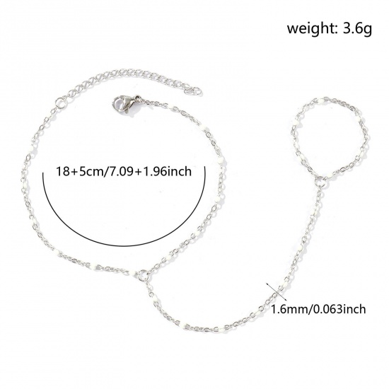 Immagine di Bianco Smalto 304 Acciaio Inossidabile Catena a Cavo Bracciale anello di mano catena Slave All'Ingrosso, Tono Argento Ecologico, Donne Elegante Squisito Regalo Fornitura di Gioielli, 18cm + 5cm Lunghezza, Dimensione della Catena: 1.6mm, 1 Pz