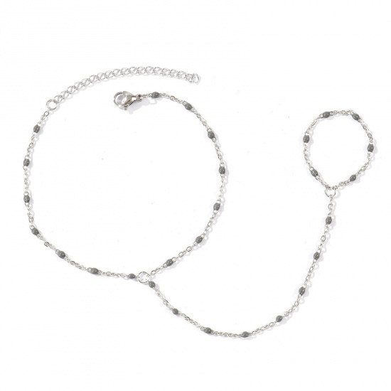 Immagine di Grigio Smalto 304 Acciaio Inossidabile Catena a Cavo Bracciale anello di mano catena Slave All'Ingrosso, Tono Argento Ecologico, Donne Elegante Squisito Regalo Fornitura di Gioielli, 18cm + 5cm Lunghezza, Dimensione della Catena: 1.6mm, 1 Pz