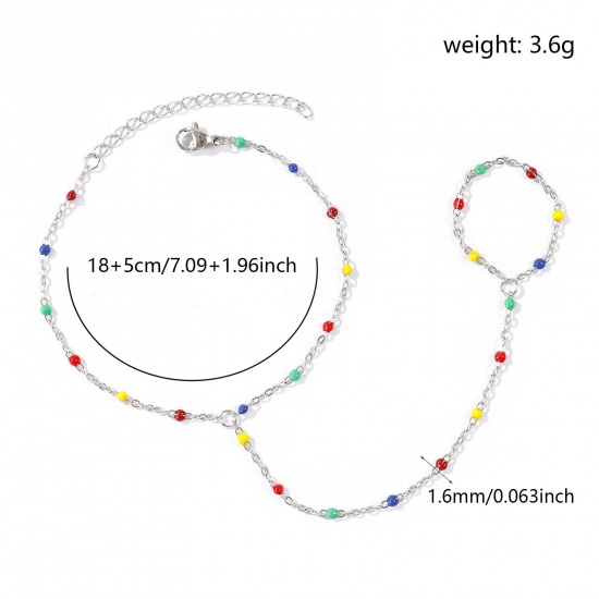 Immagine di Multicolore Smalto 304 Acciaio Inossidabile Catena a Cavo Bracciale anello di mano catena Slave All'Ingrosso, Tono Argento Ecologico, Donne Elegante Squisito Regalo Fornitura di Gioielli, 18cm + 5cm Lunghezza, Dimensione della Catena: 1.6mm, 1 Pz