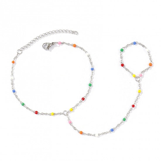Immagine di Multicolore Smalto 304 Acciaio Inossidabile Catena a Cavo Bracciale anello di mano catena Slave All'Ingrosso, Tono Argento Ecologico, Donne Elegante Squisito Regalo Fornitura di Gioielli, 18cm + 5cm Lunghezza, Dimensione della Catena: 1.6mm, 1 Pz