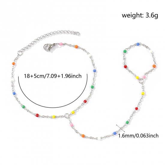 Immagine di Multicolore Smalto 304 Acciaio Inossidabile Catena a Cavo Bracciale anello di mano catena Slave All'Ingrosso, Tono Argento Ecologico, Donne Elegante Squisito Regalo Fornitura di Gioielli, 18cm + 5cm Lunghezza, Dimensione della Catena: 1.6mm, 1 Pz