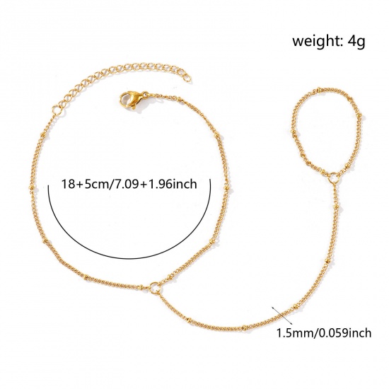 Picture of Wholesale 304 Stainless Steel Curb Link Chain Hand Chain Slave Finger Ring Bracelet, 18K Real Gold Plated Eco-friendly PVD Waterproof Anti-Tarnish Hypoallergenic, Women's Stylish Exquisite Gift Jewelry Supply, 18cm(7.1") + 5cm(2") long, Chain Size: 1.5mm, 1 Piece