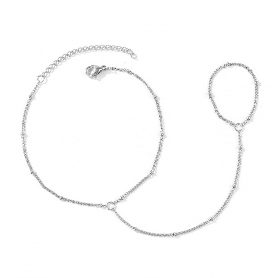 Picture of Wholesale 304 Stainless Steel Curb Link Chain Hand Chain Slave Finger Ring Bracelet, Silver Tone Eco-friendly, Women's Stylish Exquisite Gift Jewelry Supply, 18cm(7.1") + 5cm(2") long, Chain Size: 1.5mm, 1 Piece
