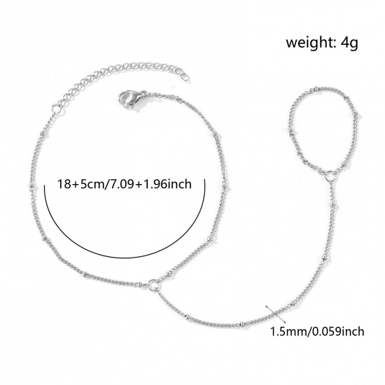 Picture of Wholesale 304 Stainless Steel Curb Link Chain Hand Chain Slave Finger Ring Bracelet, Silver Tone Eco-friendly, Women's Stylish Exquisite Gift Jewelry Supply, 18cm(7.1") + 5cm(2") long, Chain Size: 1.5mm, 1 Piece