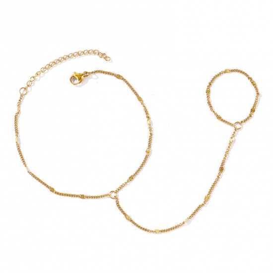 Picture of Wholesale 304 Stainless Steel Curb Link Chain Hand Chain Slave Finger Ring Bracelet, 18K Real Gold Plated Eco-friendly PVD Waterproof Anti-Tarnish Hypoallergenic, Women's Stylish Exquisite Gift Jewelry Supply, 18cm(7.1") + 5cm(2") long, Chain Size: 1.5mm, 1 Piece