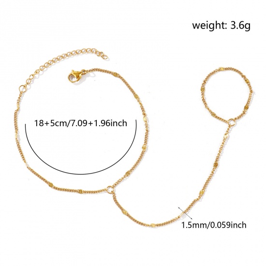 Picture of Wholesale 304 Stainless Steel Curb Link Chain Hand Chain Slave Finger Ring Bracelet, 18K Real Gold Plated Eco-friendly PVD Waterproof Anti-Tarnish Hypoallergenic, Women's Stylish Exquisite Gift Jewelry Supply, 18cm(7.1") + 5cm(2") long, Chain Size: 1.5mm, 1 Piece
