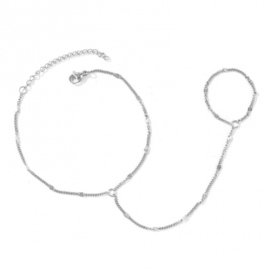 Picture of Wholesale 304 Stainless Steel Curb Link Chain Hand Chain Slave Finger Ring Bracelet, Silver Tone Eco-friendly, Women's Stylish Exquisite Gift Jewelry Supply, 18cm(7.1") + 5cm(2") long, Chain Size: 1.5mm, 1 Piece