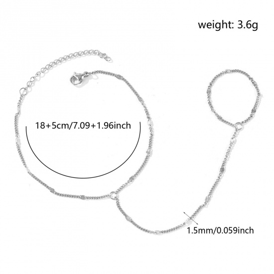 Picture of Wholesale 304 Stainless Steel Curb Link Chain Hand Chain Slave Finger Ring Bracelet, Silver Tone Eco-friendly, Women's Stylish Exquisite Gift Jewelry Supply, 18cm(7.1") + 5cm(2") long, Chain Size: 1.5mm, 1 Piece