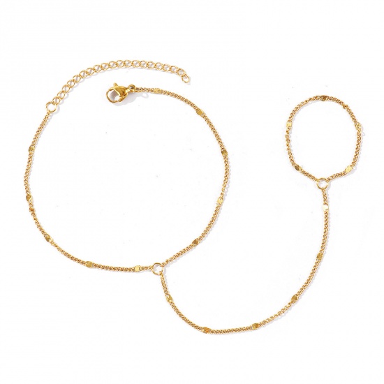 Picture of Wholesale 304 Stainless Steel Curb Link Chain Hand Chain Slave Finger Ring Bracelet, 18K Real Gold Plated Eco-friendly PVD Waterproof Anti-Tarnish Hypoallergenic, Women's Stylish Exquisite Gift Jewelry Supply, 18cm(7.1") + 5cm(2") long, Chain Size: 1.5mm, 1 Piece