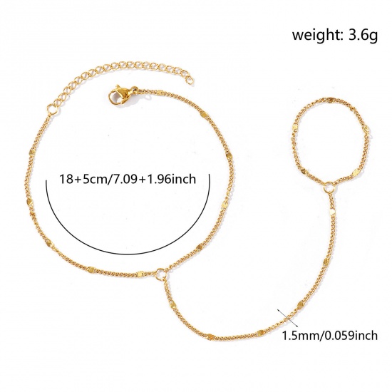 Picture of Wholesale 304 Stainless Steel Curb Link Chain Hand Chain Slave Finger Ring Bracelet, 18K Real Gold Plated Eco-friendly PVD Waterproof Anti-Tarnish Hypoallergenic, Women's Stylish Exquisite Gift Jewelry Supply, 18cm(7.1") + 5cm(2") long, Chain Size: 1.5mm, 1 Piece