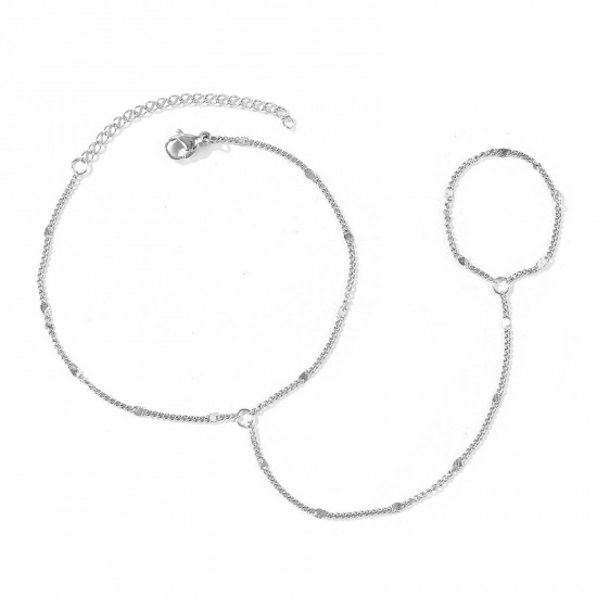 Picture of Wholesale 304 Stainless Steel Curb Link Chain Hand Chain Slave Finger Ring Bracelet, Silver Tone Eco-friendly, Women's Stylish Exquisite Gift Jewelry Supply, 18cm(7.1") + 5cm(2") long, Chain Size: 1.5mm, 1 Piece