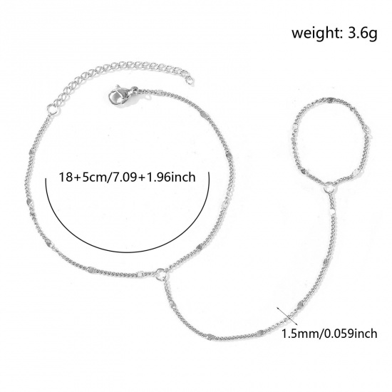 Picture of Wholesale 304 Stainless Steel Curb Link Chain Hand Chain Slave Finger Ring Bracelet, Silver Tone Eco-friendly, Women's Stylish Exquisite Gift Jewelry Supply, 18cm(7.1") + 5cm(2") long, Chain Size: 1.5mm, 1 Piece
