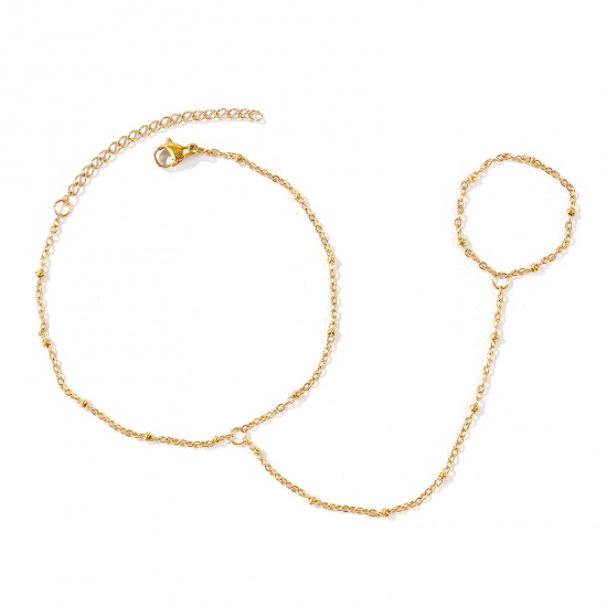 Picture of Wholesale 304 Stainless Steel Link Cable Chain Hand Chain Slave Finger Ring Bracelet, 18K Real Gold Plated Eco-friendly PVD Waterproof Anti-Tarnish Hypoallergenic, Women's Stylish Exquisite Gift Jewelry Supply, 18cm(7.1") + 5cm(2") long, Chain Size: 1.6mm, 1 Piece