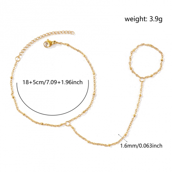Picture of Wholesale 304 Stainless Steel Link Cable Chain Hand Chain Slave Finger Ring Bracelet, 18K Real Gold Plated Eco-friendly PVD Waterproof Anti-Tarnish Hypoallergenic, Women's Stylish Exquisite Gift Jewelry Supply, 18cm(7.1") + 5cm(2") long, Chain Size: 1.6mm, 1 Piece