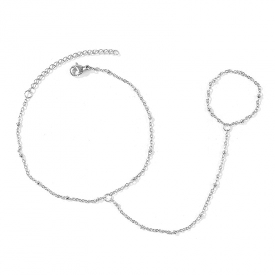 Picture of Wholesale 304 Stainless Steel Link Cable Chain Hand Chain Slave Finger Ring Bracelet, Silver Tone Eco-friendly, Women's Stylish Exquisite Gift Jewelry Supply, 18cm(7.1") + 5cm(2") long, Chain Size: 1.6mm, 1 Piece