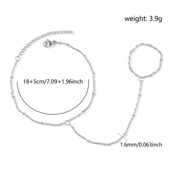 Picture of Wholesale 304 Stainless Steel Link Cable Chain Hand Chain Slave Finger Ring Bracelet, Silver Tone Eco-friendly, Women's Stylish Exquisite Gift Jewelry Supply, 18cm(7.1") + 5cm(2") long, Chain Size: 1.6mm, 1 Piece