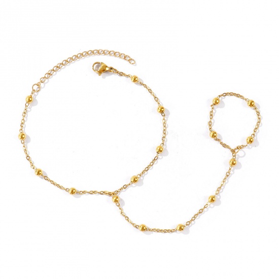 Picture of Wholesale 304 Stainless Steel Link Cable Chain Hand Chain Slave Finger Ring Bracelet, 18K Real Gold Plated Eco-friendly PVD Waterproof Anti-Tarnish Hypoallergenic, Women's Stylish Exquisite Gift Jewelry Supply, 18cm(7.1") + 5cm(2") long, Chain Size: 1.6mm, 1 Piece